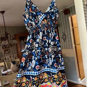 Floral Sleeveless Dress - Blue and White